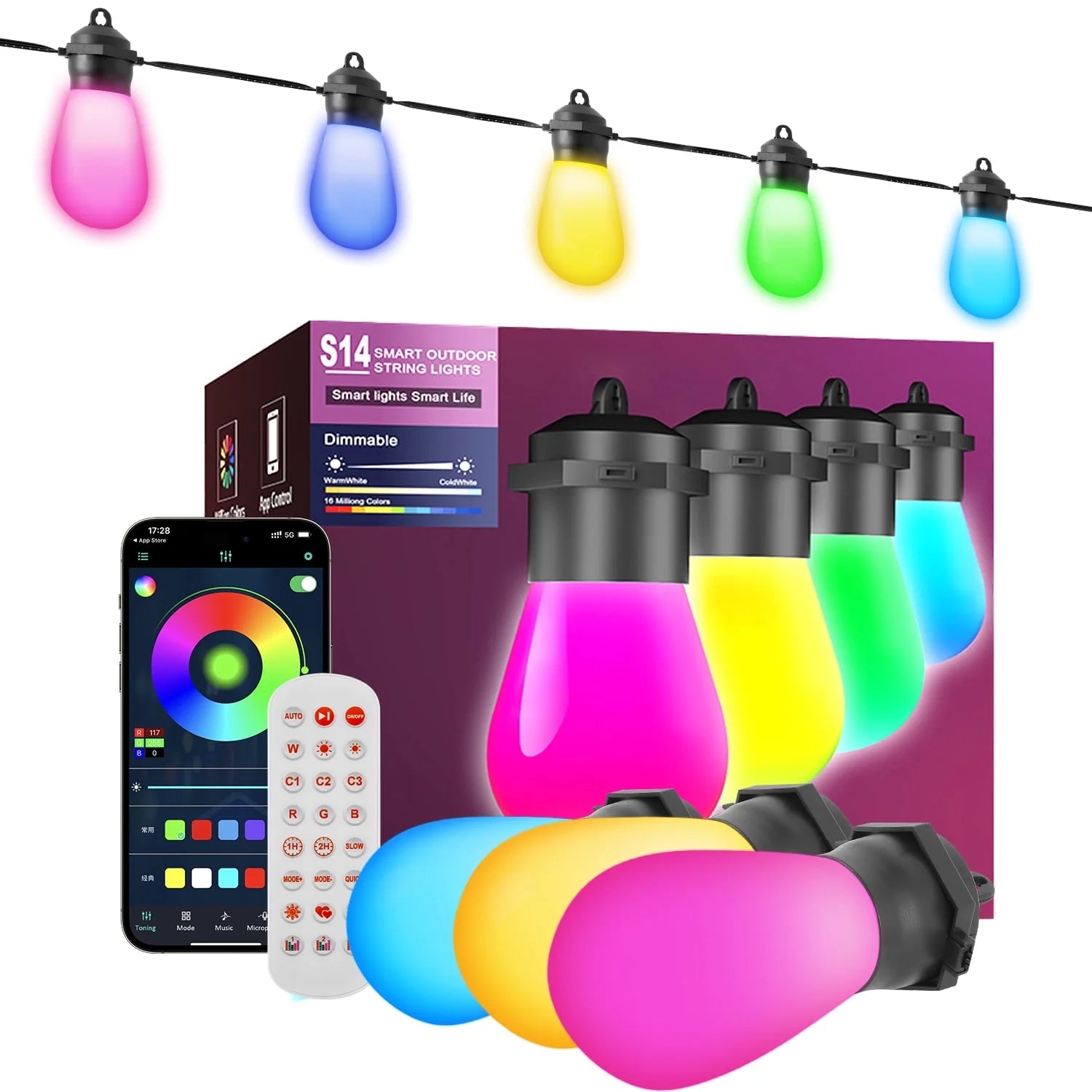 Outdoor String Lights, LED Lights for Bedroom, 39Ft 20 Bulbs Smart Dimmable RGB String Lights Fairy Lights Christmas Lights for Halloween Decorations, Patio Lights, APP Control, Waterproof