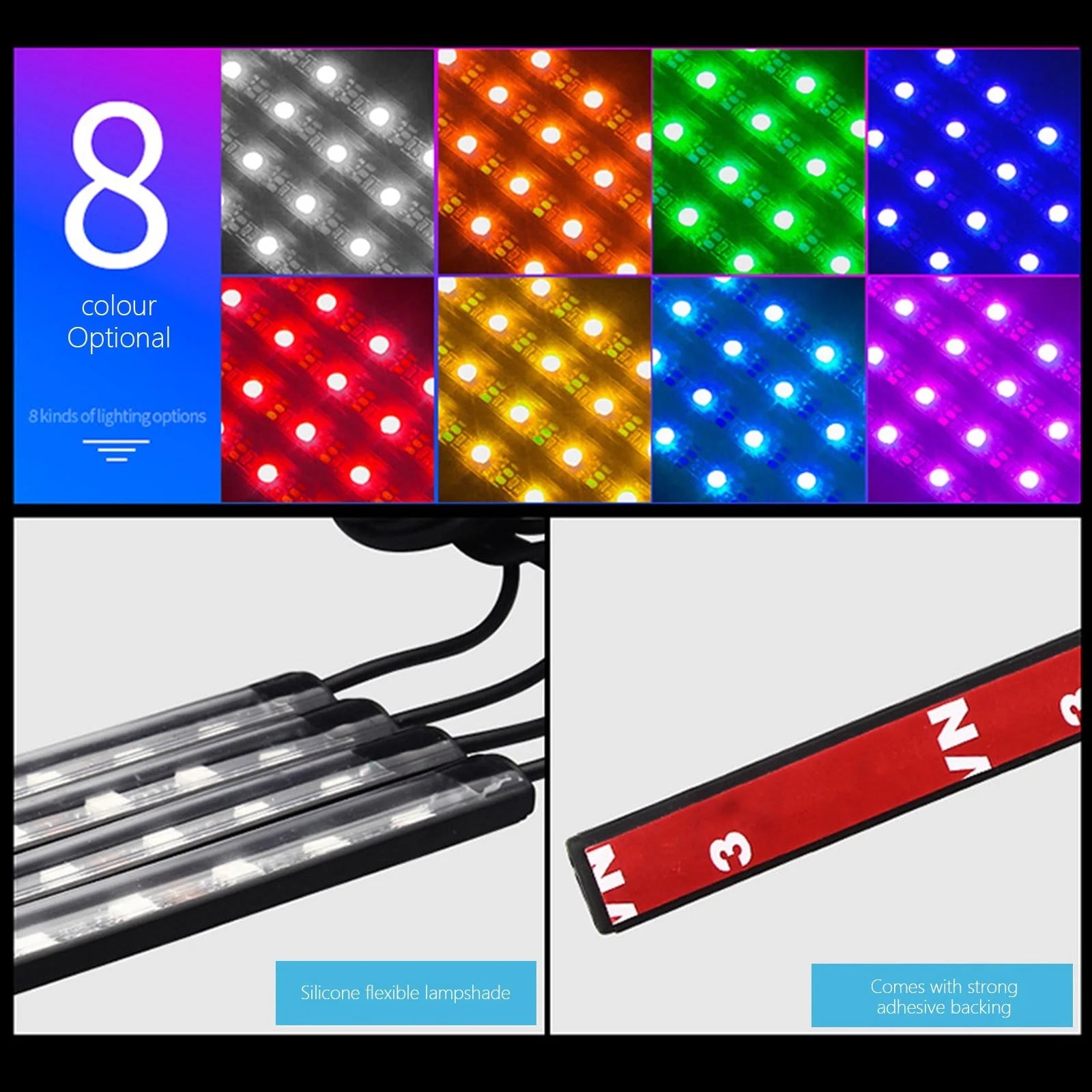 4-Piece Usb-Powered Car Interior LED Strip Lights with Remote Control and Music Sync for Ambient under Dash Lighting