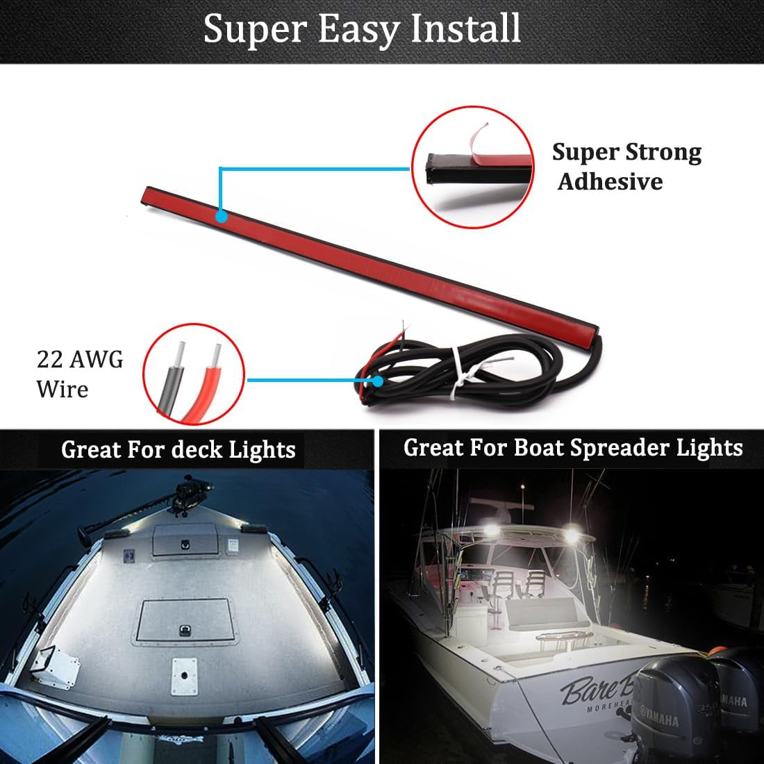 Boat Lights for Night Fishing, Adhesive Install Boat Deck Light, Interior Light, Flood and Spreader Lights for Pontoon Boats Bass Boats Kayak, White