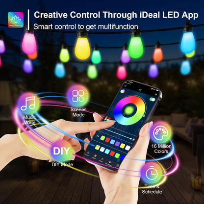 Outdoor String Lights, LED Lights for Bedroom, 39Ft 20 Bulbs Smart Dimmable RGB String Lights Fairy Lights Christmas Lights for Halloween Decorations, Patio Lights, APP Control, Waterproof