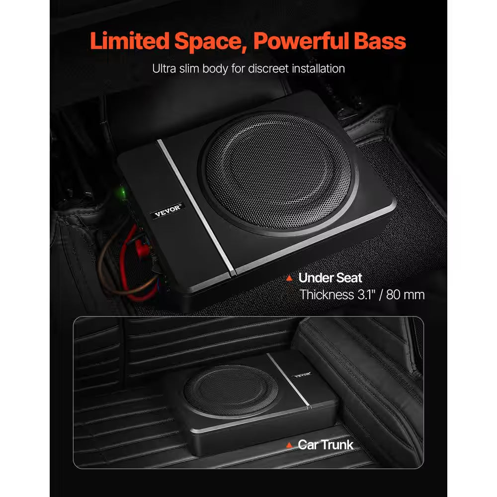 8 In. 240W Underseat Car Subwoofer, Slim Powered Car Subwoofers under the Seat, Low Profile Audio Sub Built-In Amplifier