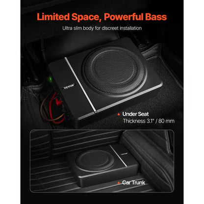 8 In. 240W Underseat Car Subwoofer, Slim Powered Car Subwoofers under the Seat, Low Profile Audio Sub Built-In Amplifier